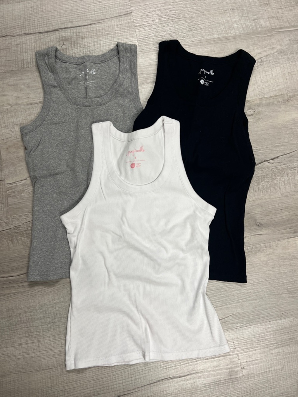 Papinelle Ribbed Shelf Bra Tank Tops - White, Gray & Black (3-Pack)